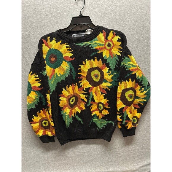 Christine Foley Black with Sun Flowers Heavy Ling Sleeve Sweater Size M - Picture 1 of 8